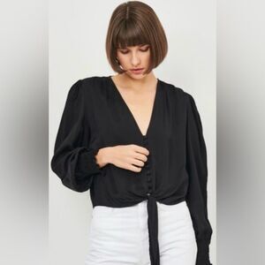 Zara Black Front Knot Buttoned Top Smocking on wrists Size M